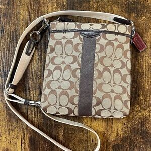 Coach Signature Jacquard Tan and Brown Crossbody Bag with leather accents NWOT